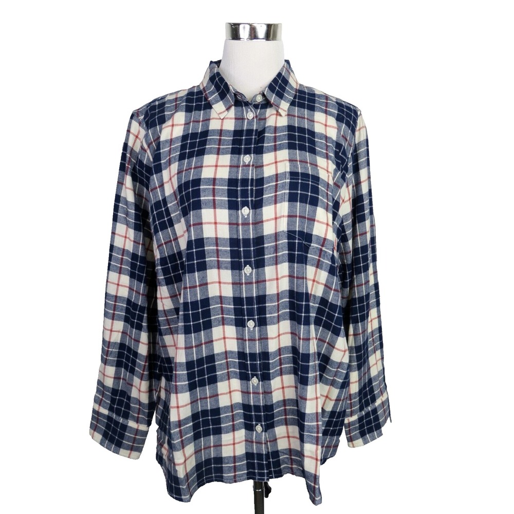 J Crew Top Women 2X Blue Plaid Flannel Button Up Long Sleeve Casual Cozy Factory